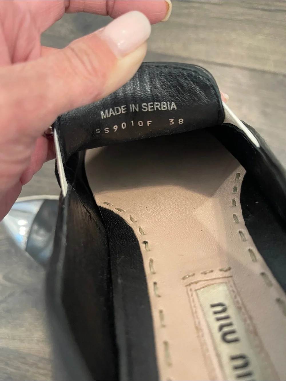 Miu Miu Black Leather Slip-Ons with Silver Cap Toe - Picture 7 of 9